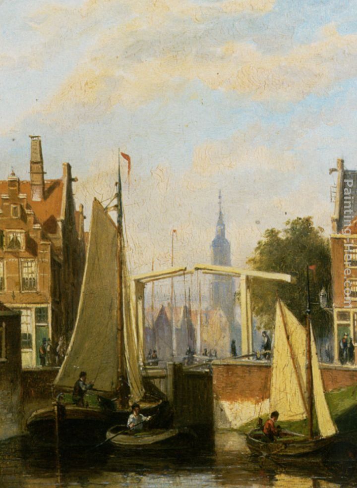 Johannes Frederik Hulk Boats on a Canal in a Dutch Town